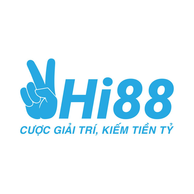 Logo Hi88 màu xanh với biểu tượng bàn tay chữ V